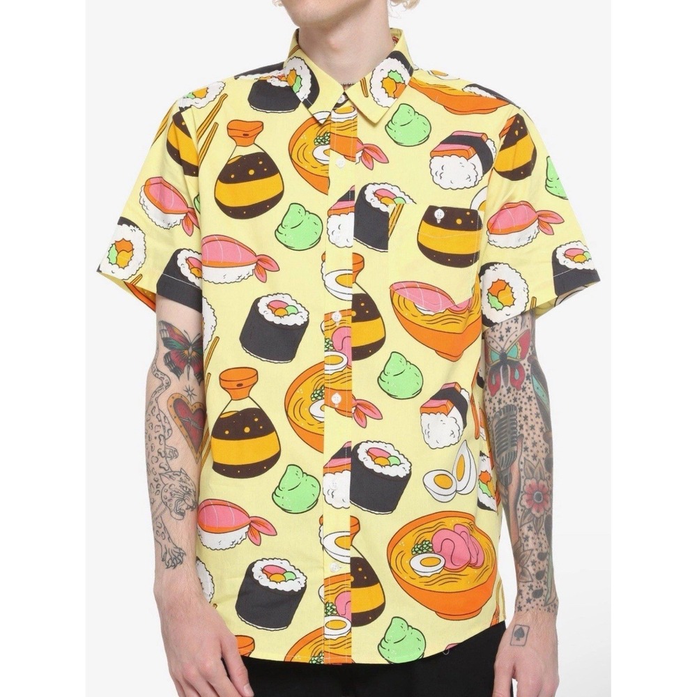Hot Topic Shirt Mens Small Sushi & Ramen All Over Pattern Button-Up Slim Fit